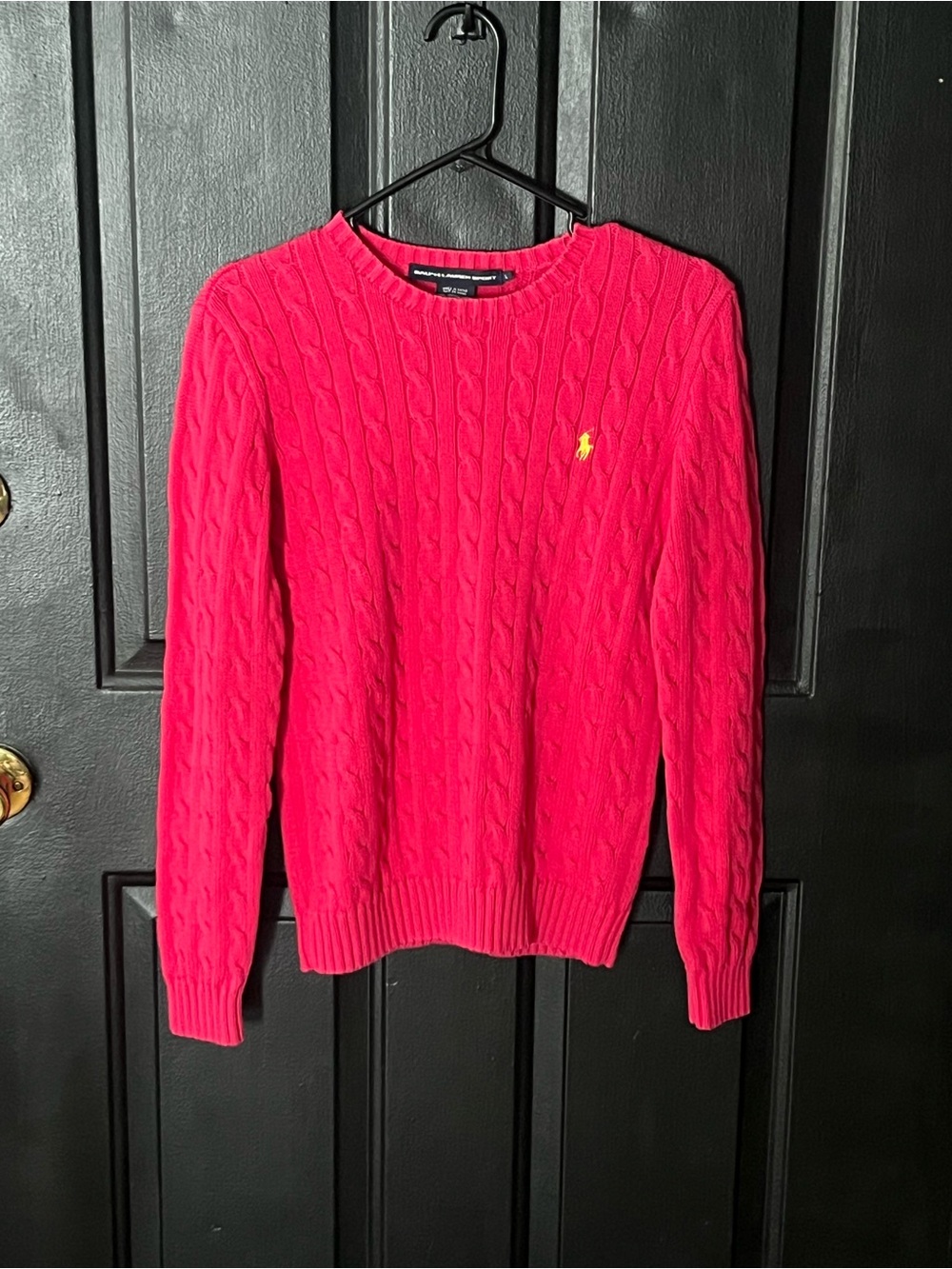 Ralph Lauren Pink Cable-Knit Crewneck Sweater with Yellow Pony Logo